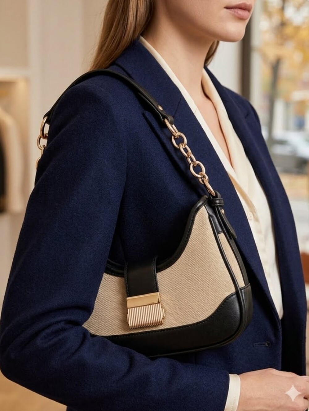 Rachel Zoe Black and Beige Mini Hobo Bag with Gold Chain Accent